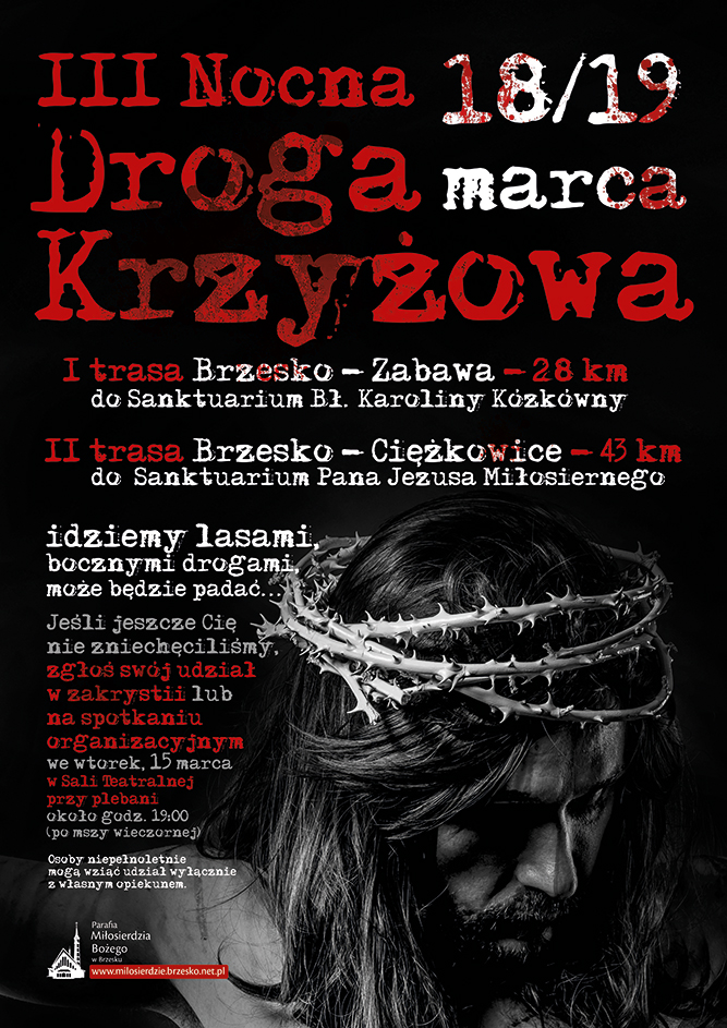 Trzecia Nocna Droga Krzyżowa - 2 trasy: Brzesko - Zabawa oraz Brzesko - Ciężkowice - 18 marca 2016 - Oficjalny Plakat