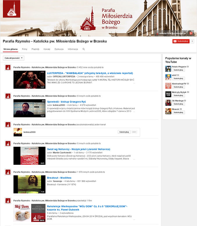 Oficjalny Profil YouTube - Parafia Rzymsko – Katolicka pw. Miłosierdzia Bożego w Brzesku